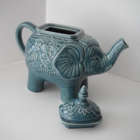 Abbott Collections Elephant Tea Pot Ceramic Trunks Up Green/Blue 7in - Picture 5 of 11